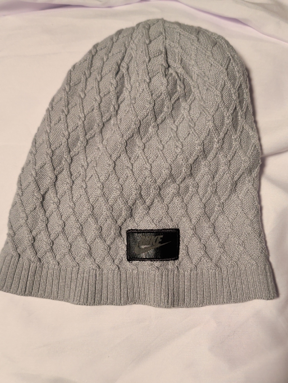 Nike Gray Cable Knit Beanie with Black Logo Patch